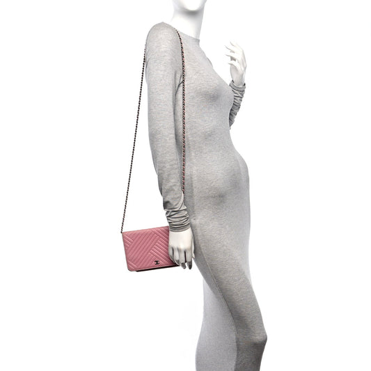 Lambskin Quilted CC Crossing Wallet On Chain WOC Pink