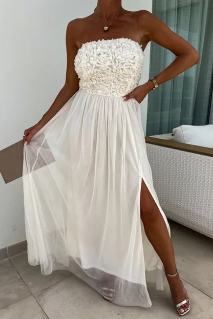 Vestido largo con abertura, sin tirantes, plisado, de patchwork y textura floral de tul, romántico y ligero.