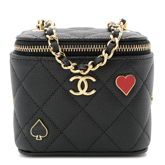 Caviar Quilted Enamel Coco Casino Mini Vanity Case With Chain Black