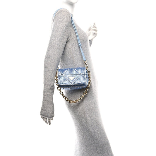 Satin Crystal Mini Bag With Chain Celeste