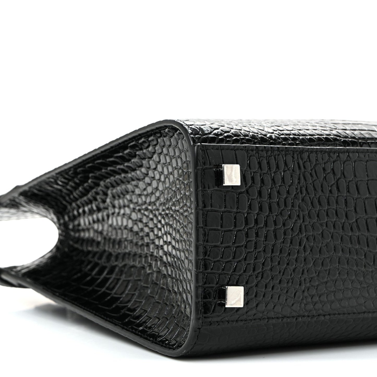 Shiny Calfskin Crocodile Embossed Small Manhattan Shopper Tote Black
