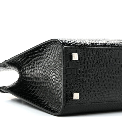 Shiny Calfskin Crocodile Embossed Small Manhattan Shopper Tote Black