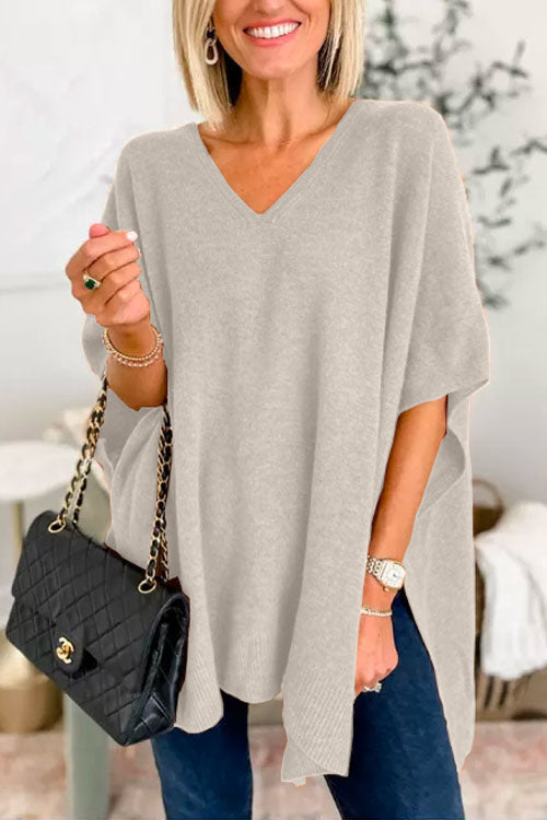 Suéter tipo poncho holgado de color liso con cuello en V más elegante