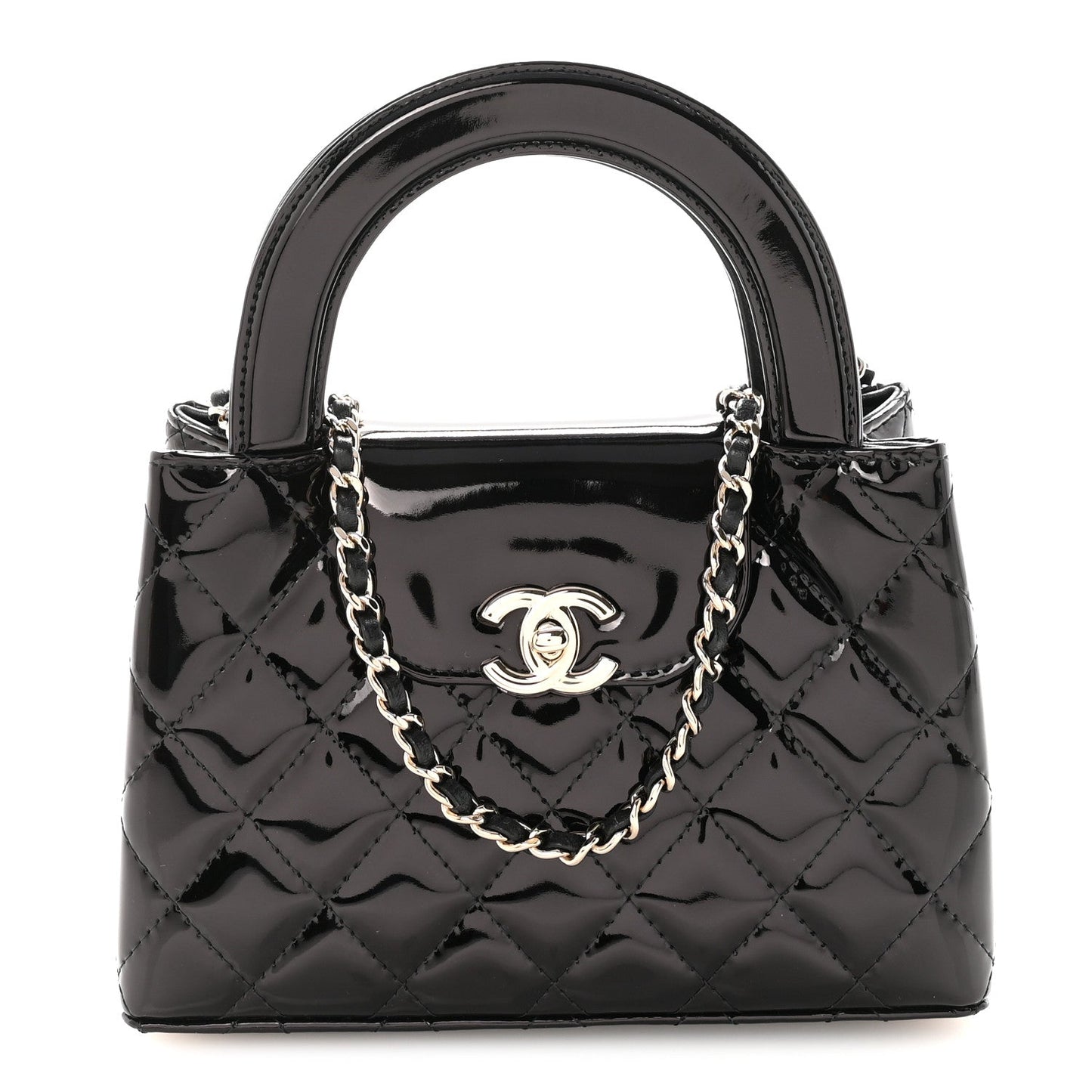 Patent Calfskin Quilted Nano Kelly Shopper Black