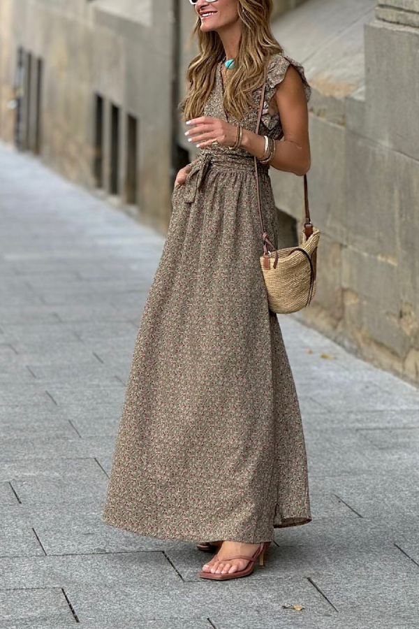 Vestido largo floral con escote en V, volantes, manga corta y cintura alta