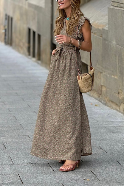 Vestido largo floral con escote en V, volantes, manga corta y cintura alta