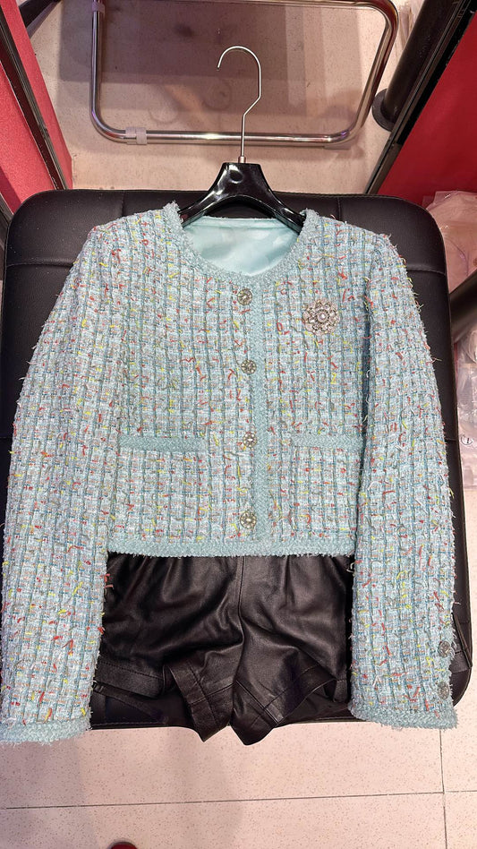 CC 25 Short Style Brooch Jacket Cloud Blue Cotton
