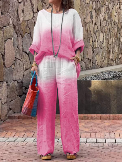 Conjunto de dos piezas de algodón y lino degradado para mujer 