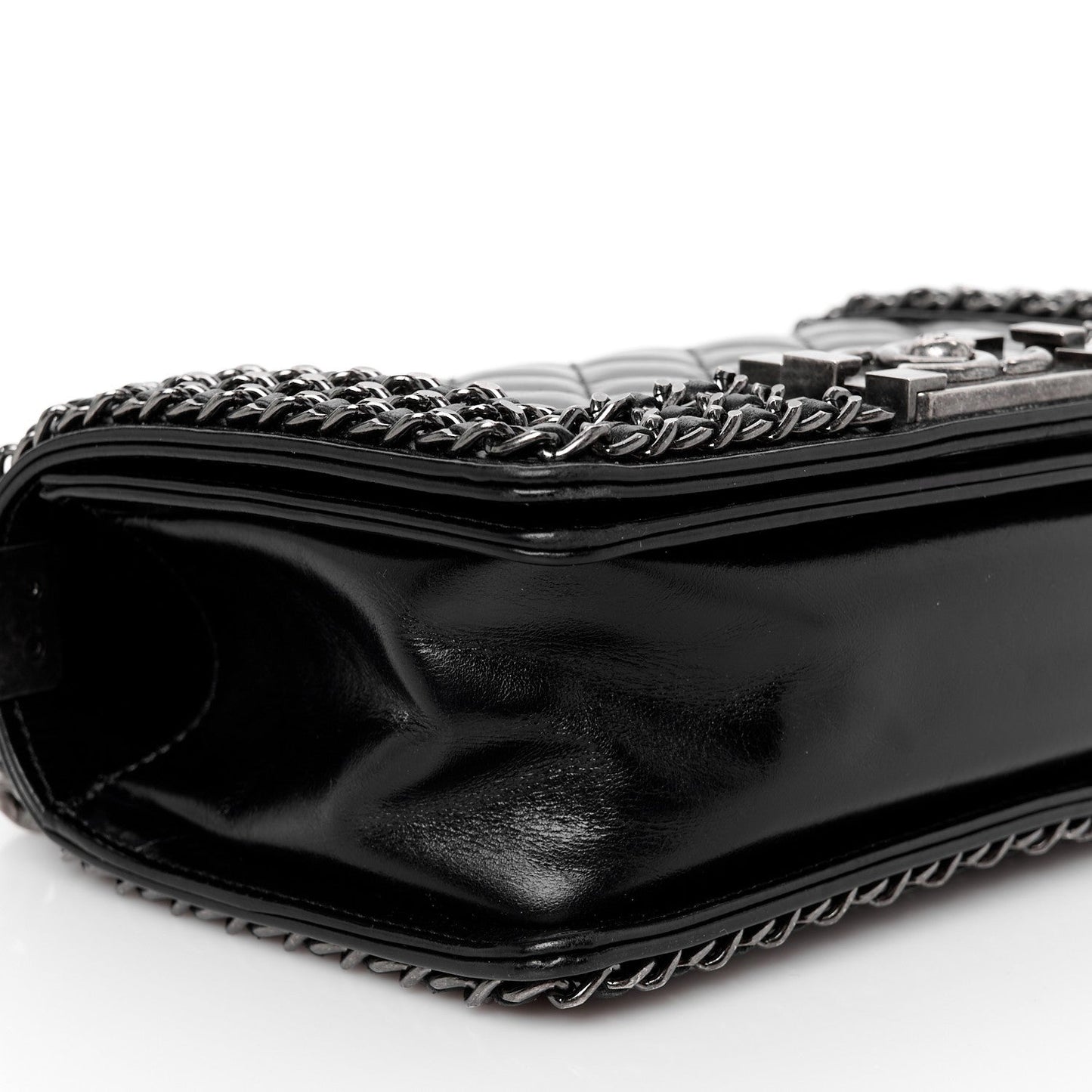 Glazed Calfskin Quilted Small Boy Chained Flap Black