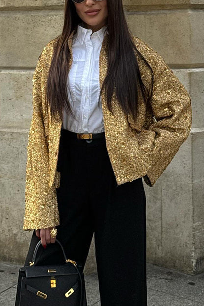 Chaqueta de cuello alto pequeño con lentejuelas