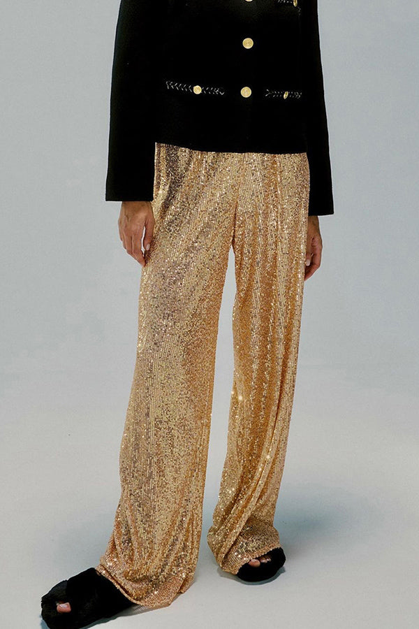 Pantalones rectos casuales de moda con lentejuelas de color sólido