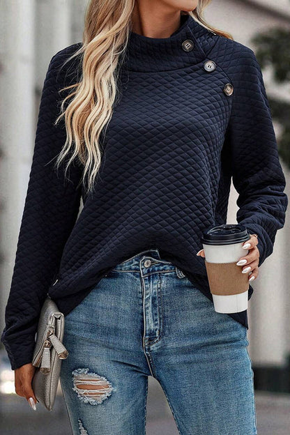 Sudadera casual con botones y cuello alto a cuadros de color liso