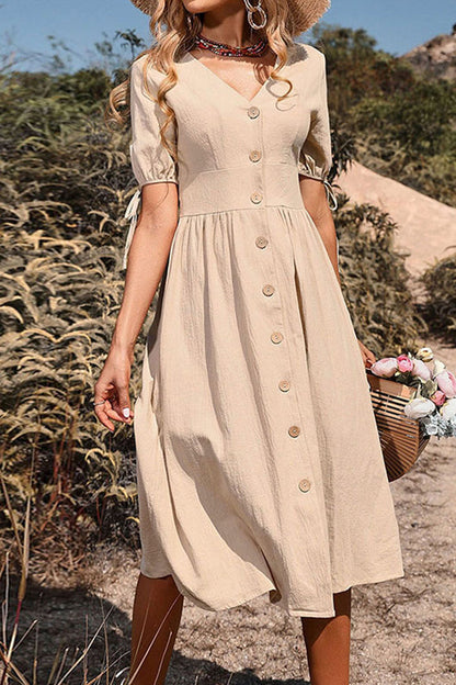 Vestido de algodón y lino de color liso con cuello en V y manga corta