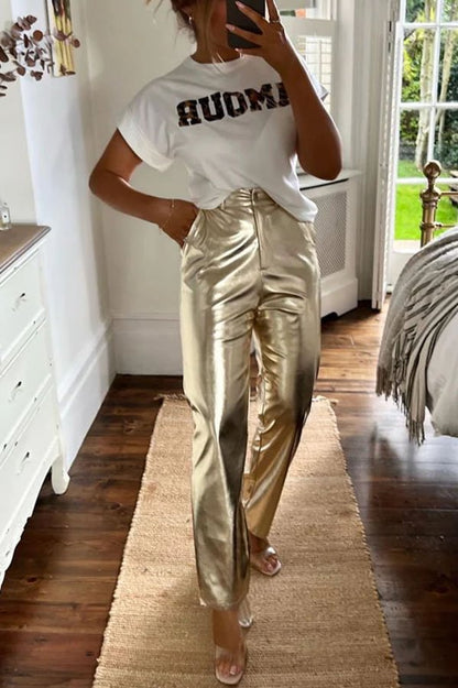 Pantalones rectos elásticos con bolsillos de tela metalizada y diseño divertido y divertido