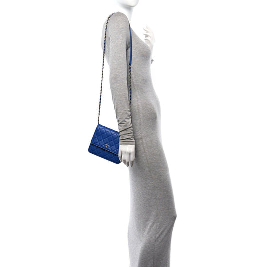 Lambskin Quilted Square Wallet On Chain WOC Blue