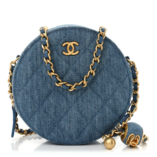 Denim Quilted Round Pearl Crush Clutch With Chain Blue