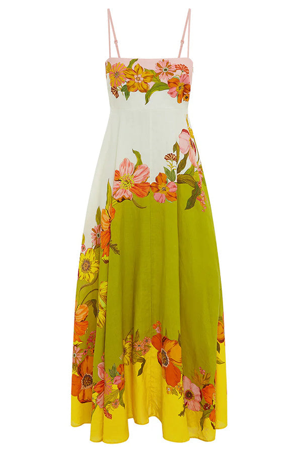 Vestido largo de mezcla de lino con estampado floral en contraste y bolsillos fruncidos en la espalda