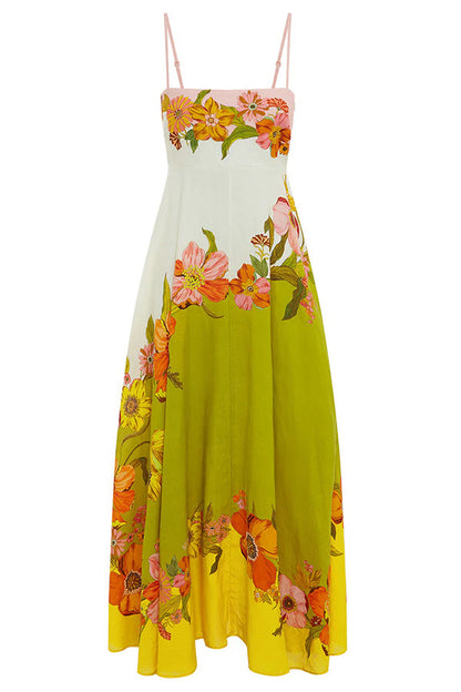Vestido largo de mezcla de lino con estampado floral en contraste y bolsillos fruncidos en la espalda