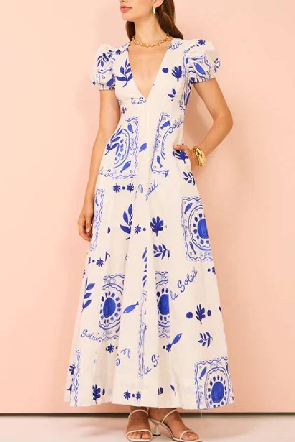 Vestido largo con bolsillos, mangas abullonadas y estampado único en mezcla de lino Embrace The Glamour
