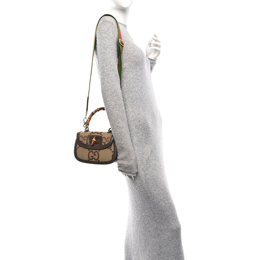 Monogram Jumbo GG Textured Dollar Calfskin Web Small Bamboo 1947 Top Handle Bag Camel Ebony New Acero