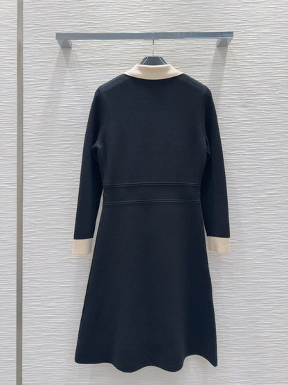 Celine 2025 A-line Dress Black mix White Tencel cotton
