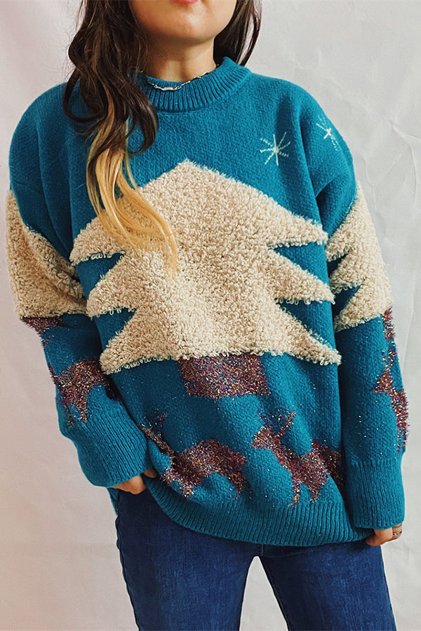 Suéter de punto de cuello redondo y manga larga con estampado navideño