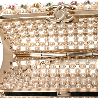 Metal Pearl Minaudiere CC Evening Bag White Gold Multicolor