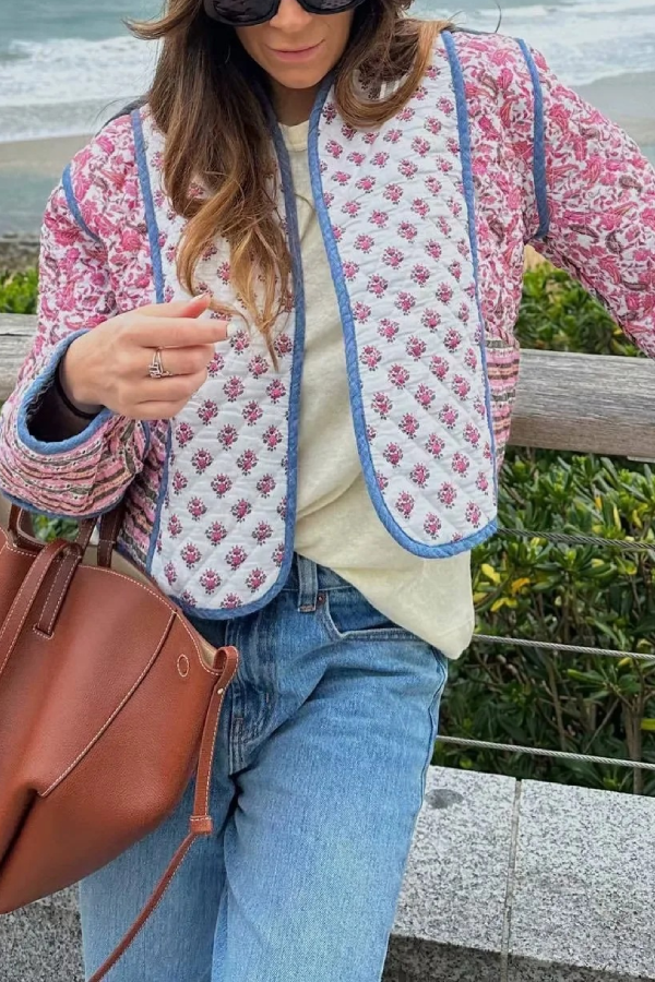 Chaqueta tipo cárdigan acolchada reversible estampada con chaqueta pequeña de algodón a juego 