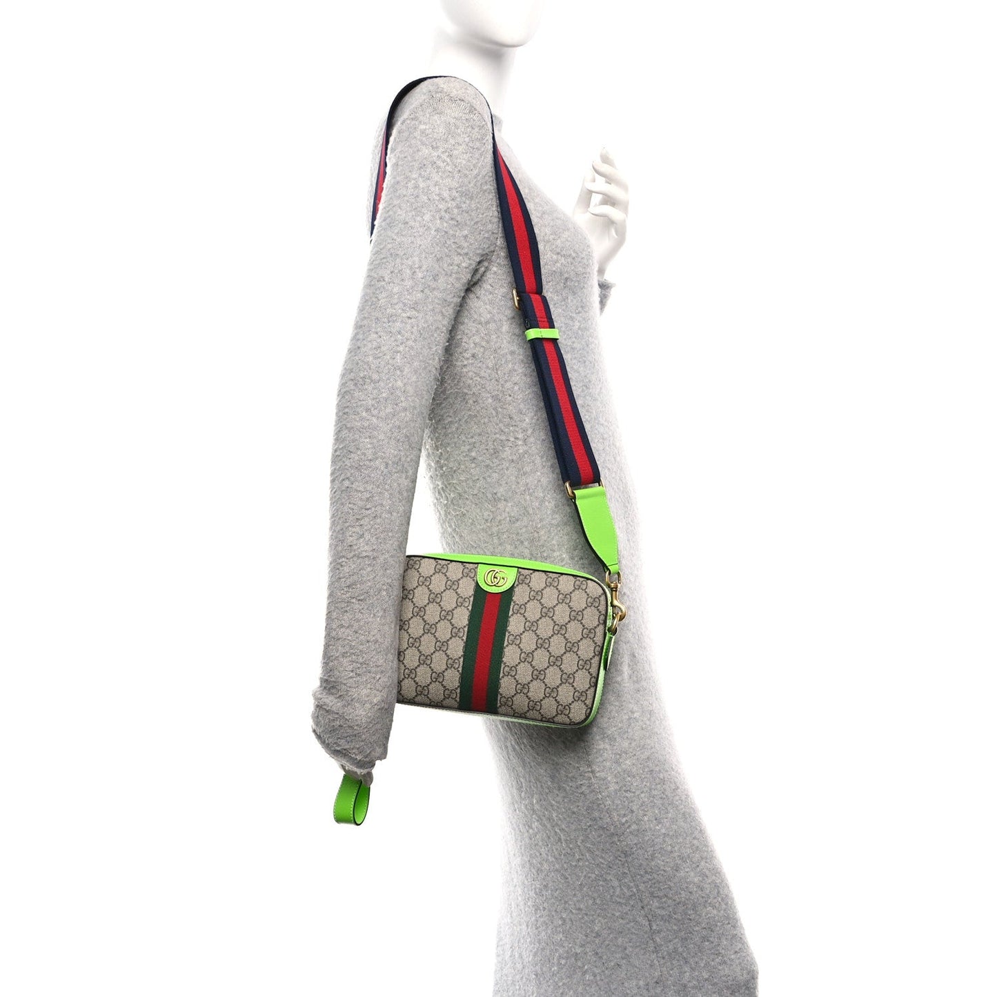 GG Supreme Monogram Textured Dollar Calfskin Web Ophidia Wristlet Shoulder Bag Beige Ebony Green
