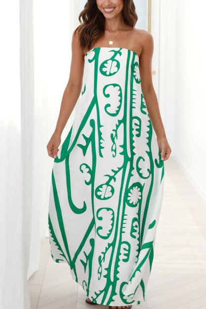 Vestido largo Connie - Blanco y verde tribal