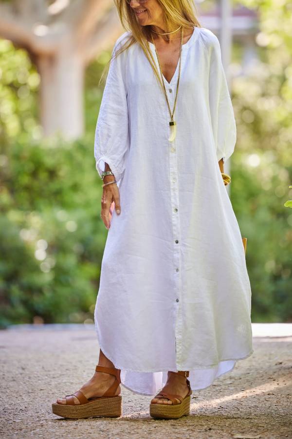 Vestido largo informal de mezcla de lino liso con escote en V y mangas abullonadas