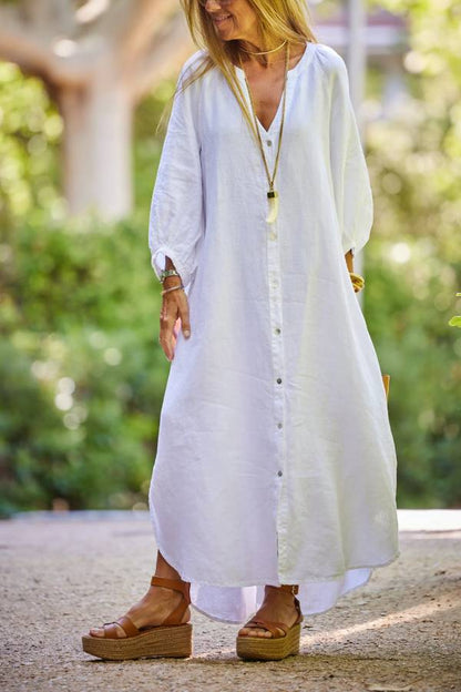 Vestido largo informal de mezcla de lino liso con escote en V y mangas abullonadas