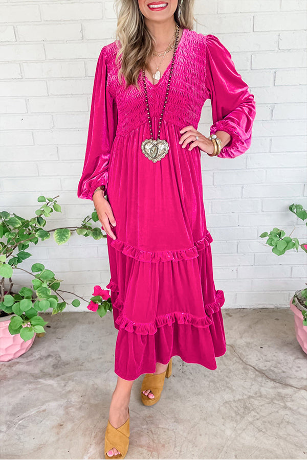 Vestido de terciopelo de manga larga con escote en V fruncido 