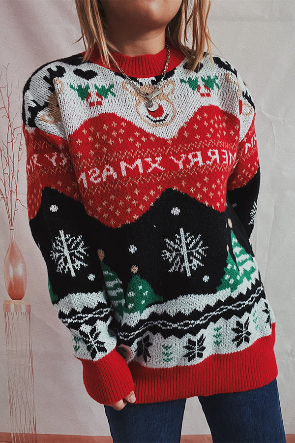 Suéter de punto de cuello redondo y manga larga con estampado navideño