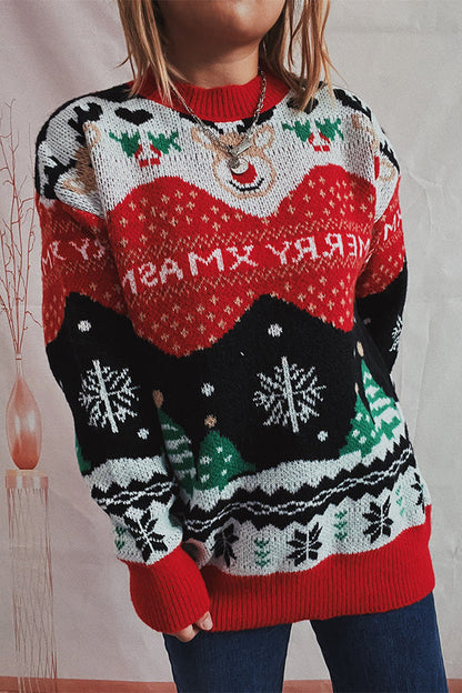 Suéter de punto de cuello redondo y manga larga con estampado navideño