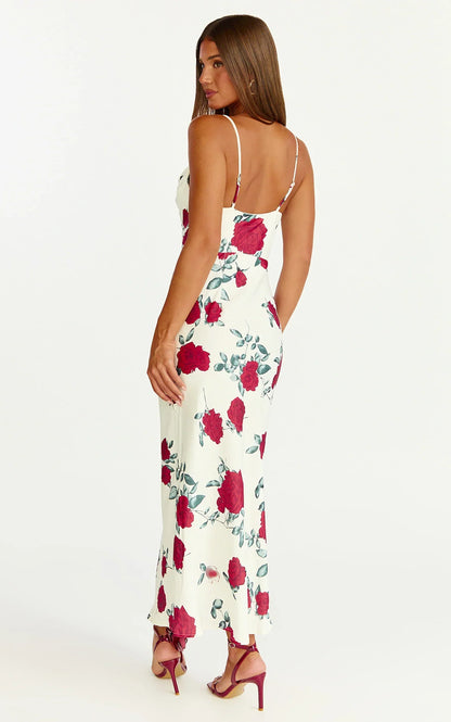 Dahlia Midi Dress - Cowl Neck A Line Dress in Scarlet Rose Print