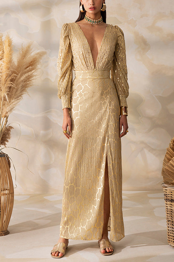 Conjunto de falda con abertura y top con cuello en V y manga larga Gold Coast