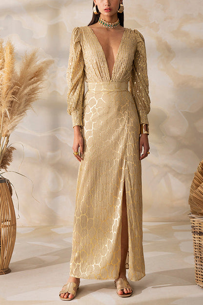 Conjunto de falda con abertura y top con cuello en V y manga larga Gold Coast