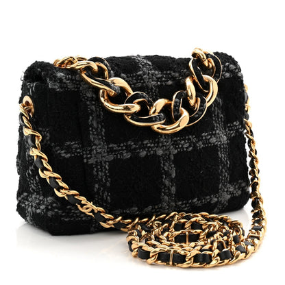 Wool Tweed Quilted Small Elegant Chain Flap Black Grey