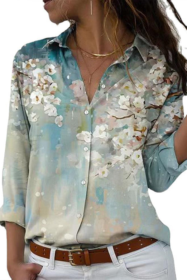 Camisa informal de moda con solapa y manga larga estampada