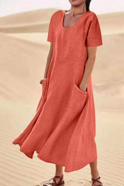 Vestido holgado informal de lino y algodón de color liso con bolsillos