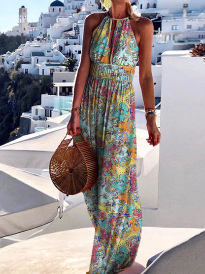 Vestido estampado con cuello redondo y cordón