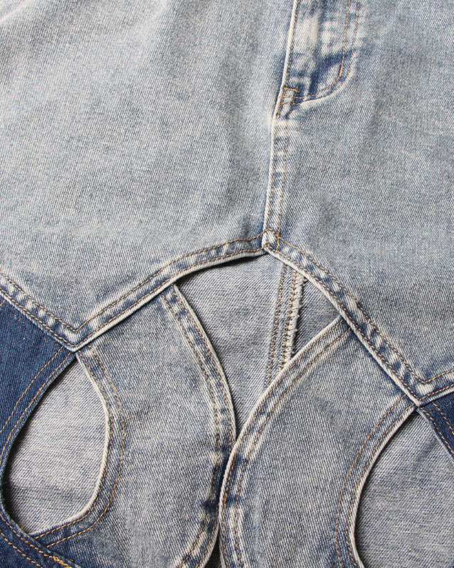 Spliced Hollow Casual Mid-Length Denim Skirt