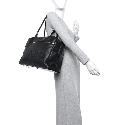 Calfskin Stitched Maxi Logo Bowling Bag Black