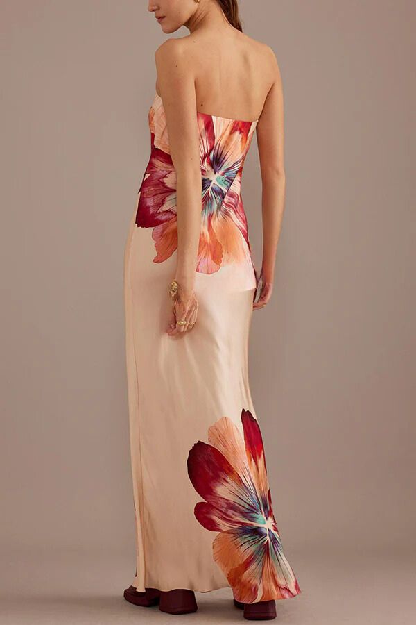 Vestido largo bandeau holgado con estampado floral de satén para dama encantadora