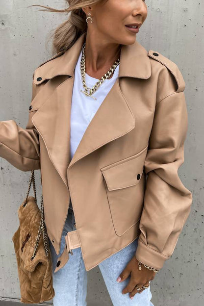 Chaqueta corta de cuero estilo británico con bolsillo de solapa