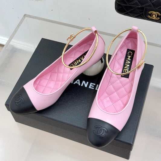 CC 26C Ribbon Camellia Mary Jane With Giant Pearl Black Pink Lambskin
