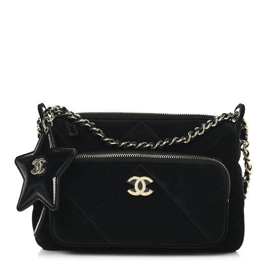 Velvet Effect Nylon Shiny Crumpled Calfskin Quilted Chanel 25 Clutch With Chain Black