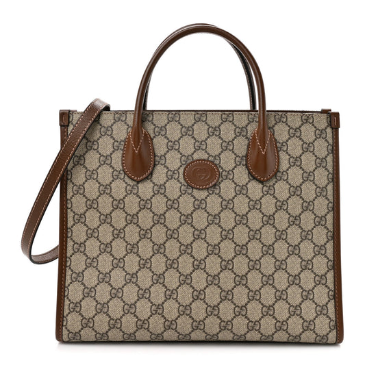 GG Supreme Monogram Azalea Calfskin Small Retro Interlocking G Tote Bag Beige Ebony Brown Sugar