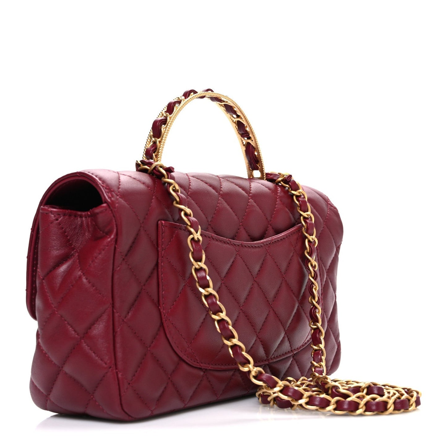 Lambskin Quilted Medium Metal Top Handle Rectangular Flap Burgundy